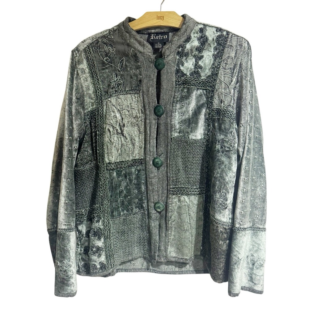 Retro Brand Women Medium Green Velvet 90s Patchwork Art Jacket Witchy Earthy